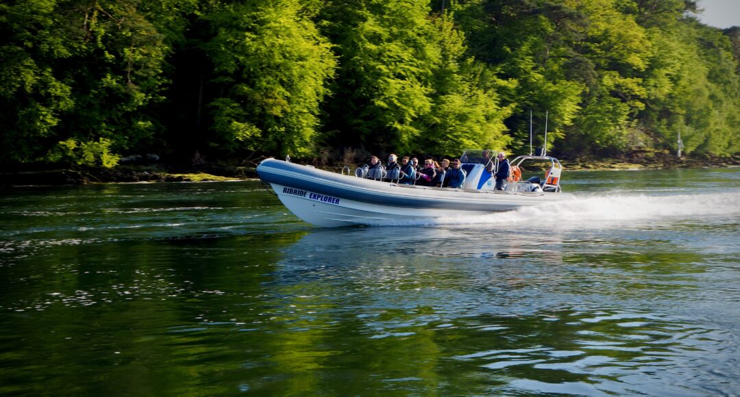 A rib speed boat travelling through calm waters. Boat trips for families in North Wales.