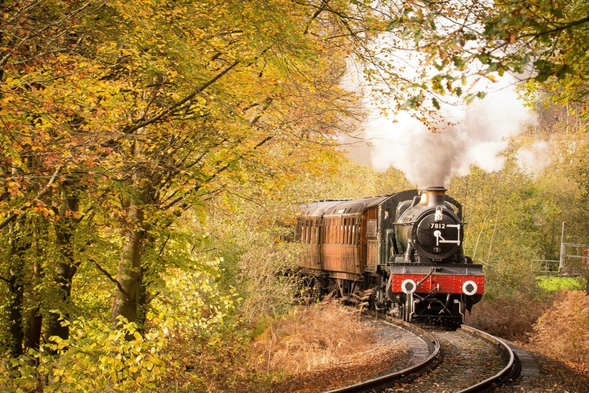 Heritage steam train making its way through autumn landscape. Child-friendly steam train experiences in north wales.