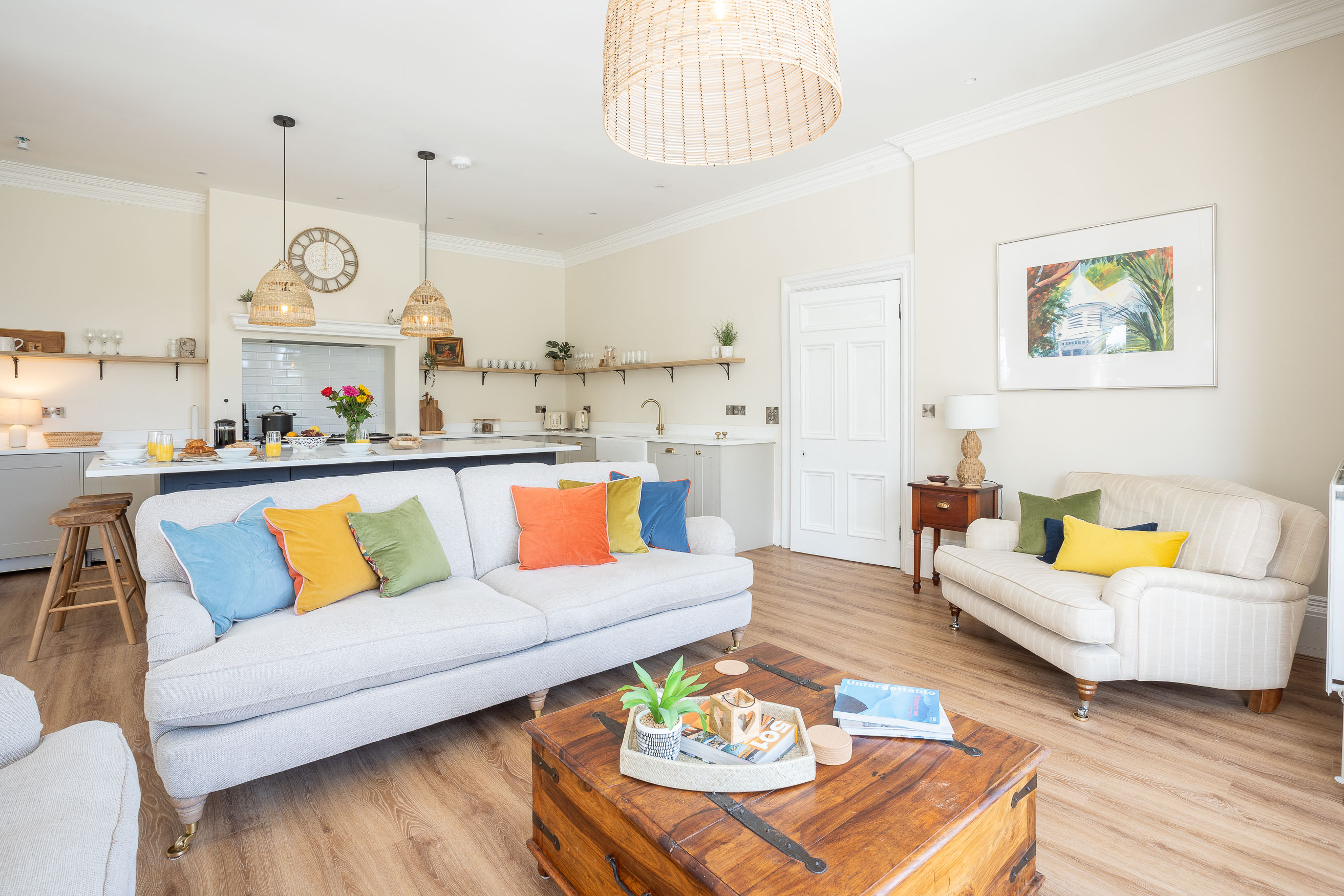 Interior shot of the kitchen/ living room at holiday cottage and retreat venue Bron Menai near Newborough, Anglesey