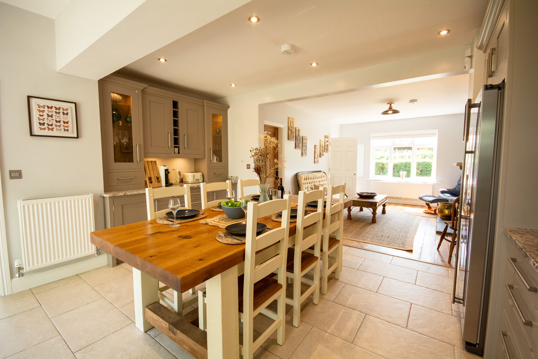Holiday cottage in Wrexham, North Wales. Stylish open-plan kitchen/ diner and living room in Birch Cottage on the Marchwiel Hall Estate in Wrexham.