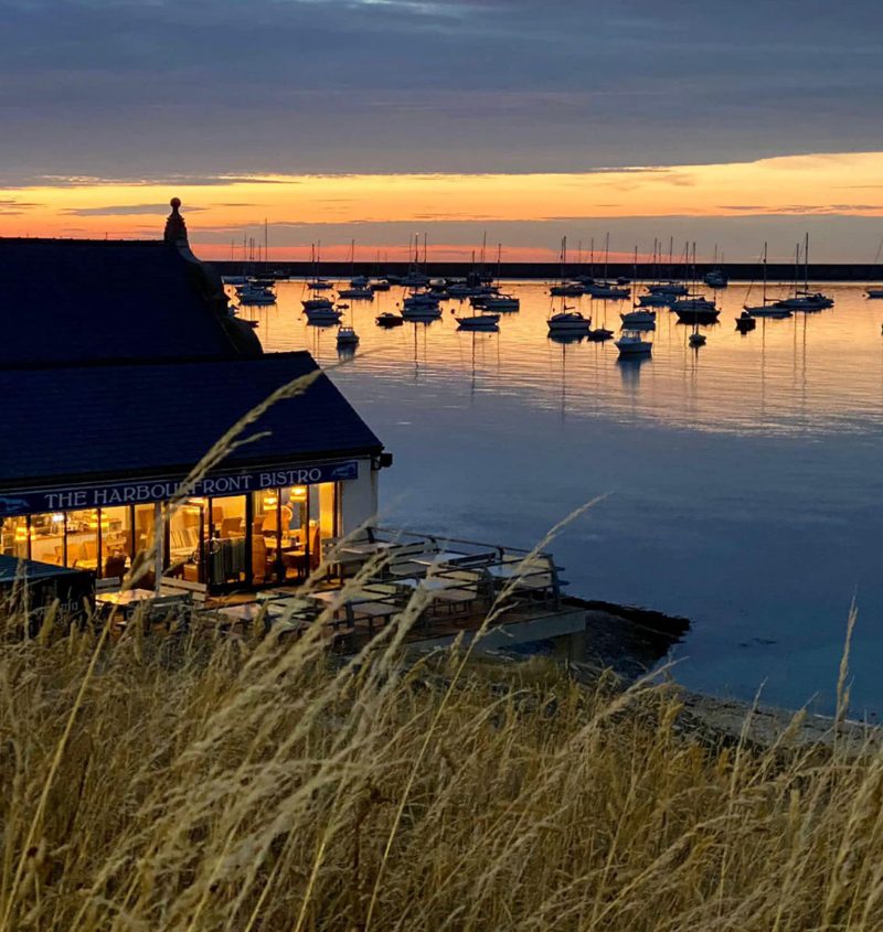 Harbourfront Bistro seafront restaurant at sunset near Holyhead, Anglesey