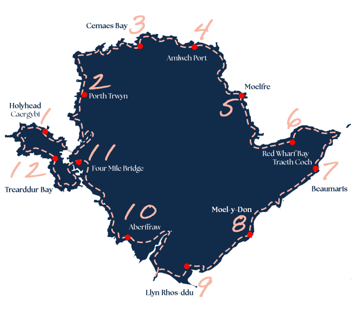 A dark blue and coral map of the Anglesey Coast Path with numbered sections 