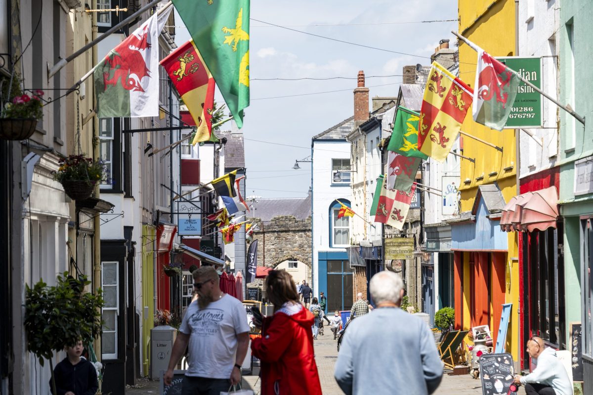 A colourful high street shot of Caernarfon. North Wales.