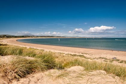 A panoramic photograph of a sandy Pwllheli beach in good weather