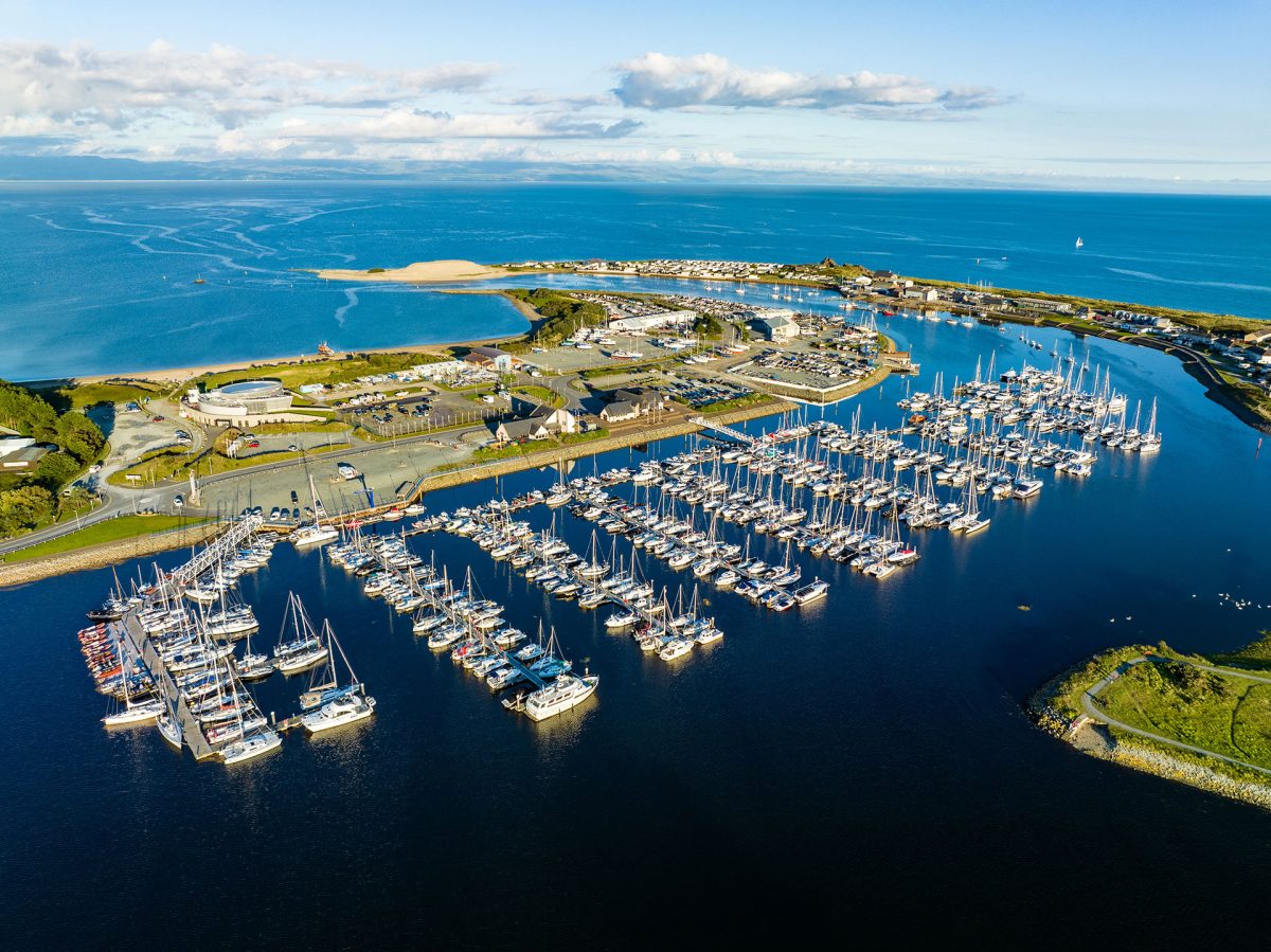 A birds eye view of Pwllheli marina and the tidal basin, North Wales