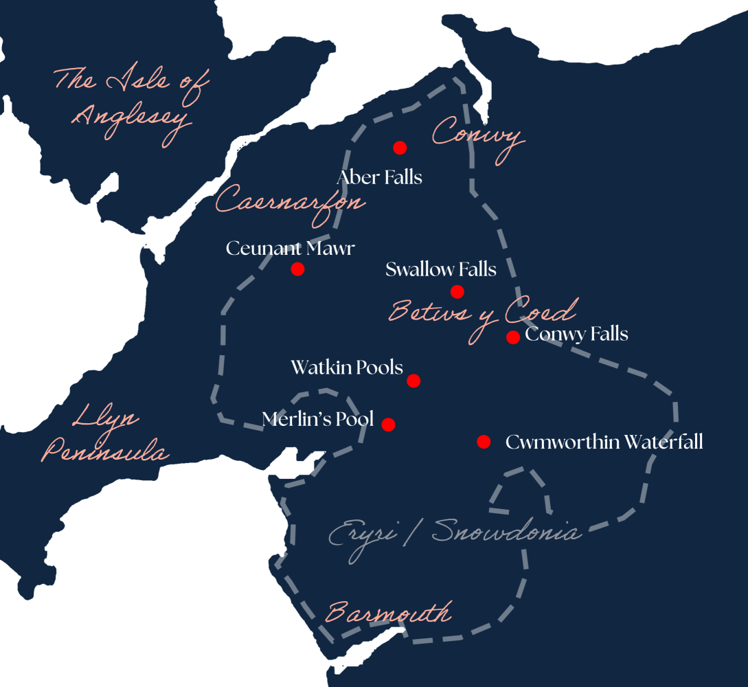 A map showing the different waterfalls in North Wales