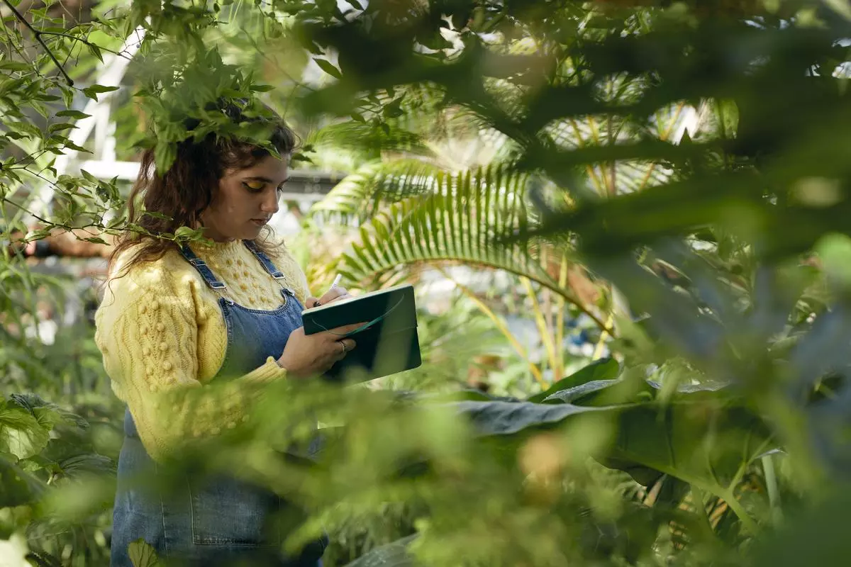 A student of Bangor University makes observations in the Treborth Botanic Garden